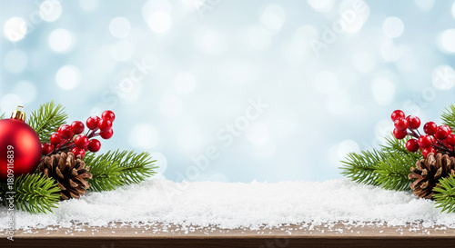 Christmas and new year background with ornament fir tree and snow