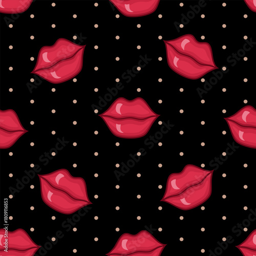 Vector seamless pattern with red lips on black background with polka dot
