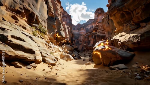 Hiker exploring sunlit canyon surrounded by weathered rock formations and sand
