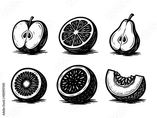 Cut fruits vintage style engraving icons, fresh food set