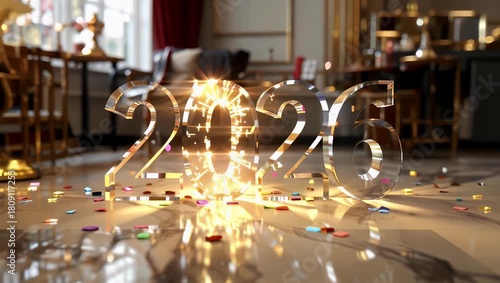Indoor celebration scene with large gold 2020 number sculpture and confetti on glossy floor