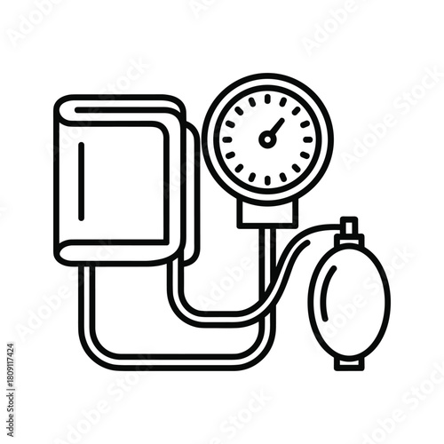 Blood pressure monitor with cuff, gauge, and pump, line art, isolated on