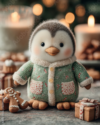 Christmas Candlelit Penguin Chick Near Gingerbread Treats