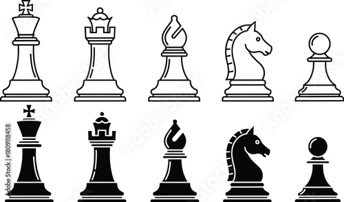 Illustration of a complete set of chess pieces, including king, queen, rook, bishop, knight, and pawn, in both black and white outlines.