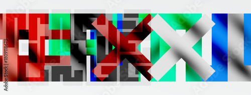 Abstract geometric composition. Rectangles overlap, creating complex visual texture. Colors include red, green, blue, black, white.