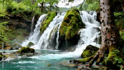 Majestic forest waterfall cascading over mossy rocks into a turquoise pool in lush woodland