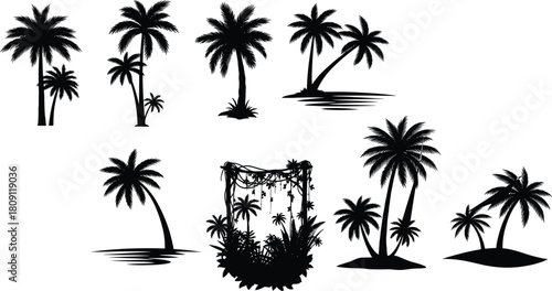 Collection of black palm tree silhouettes, tropical island beach scenes, coconut trees, and summer nature elements vector illustration set.