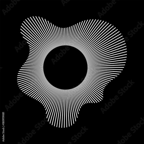 Circular wave. Sound circle white lines. Equalizer logo, radial spectrum. Voice symbol. Sound ring mockup. Wavy, radial frame pattern. Radial rays. Wavy design element. Depicting audio music icon.