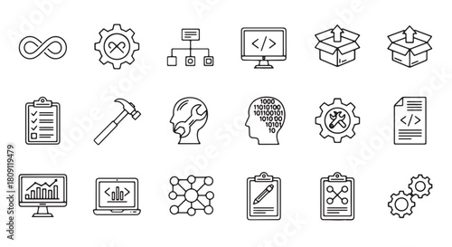 Set of DevOps and software development icons simple line vector symbols for web and app design isola