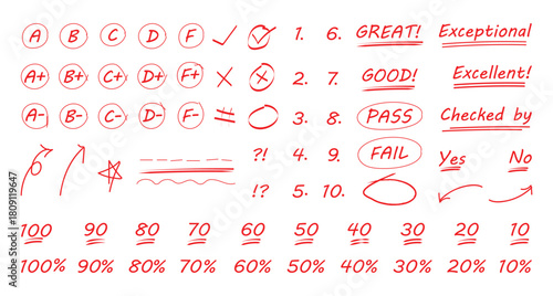hand drawn red pen grades and numerical doodles, different signs of homework and exam check vectors, editable stroke