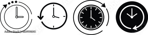 Four clock icons depicting time, rotation, countdown, and reverse, in black and white.