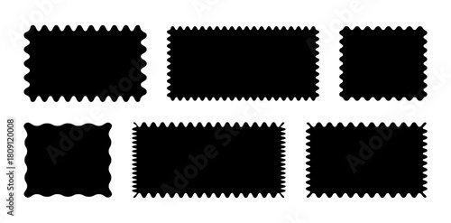 Rectangular backgrounds set. Squared black tags, empty text boxes, labels, stamps, crackers, coupons with curvy, squiggly, wiggly, wavy edges. Wave curve edge frame patterns with squiggly borders.