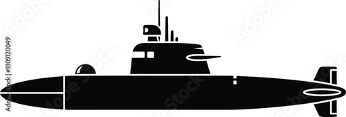 Silhouette of a submarine with its conning tower, periscope, antenna, and torpedo tubes visible against a white background.