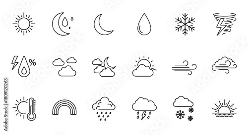 Weather condition line icons vector illustration of meteorology forecast symbols isolated on white b