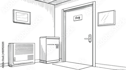 Monochrome room sketch with 'no' door