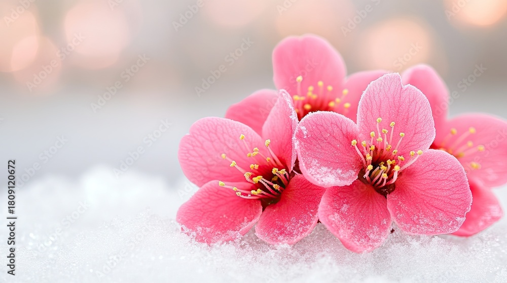 Fototapeta premium Delicate pink plum blossoms emerge from thick snow, framed by traditional Chinese buildings, showcasing the beauty of nature in a serene winter landscape