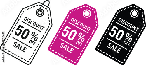 Three discount tags showing a 50% off sale, in black outline, magenta, and solid black.