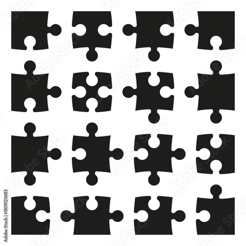 Puzzles mockup. Puzzles game challenge sample. Jigsaw puzzle 16 pieces template. Thinking game 4x4 jigsaws details flat background. Mind puzzles piece. Jigsaw black tiles.