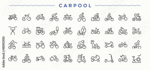 Carpool icon set. Includes symbols for cab, service, hire, automotive, travel, taxi, bike and more. Rental icon set. Thin line icons set. Editable stroke. Vector illustration.