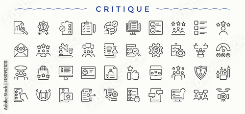 Critique icon set. Containing act, collaboration, step, objective, action plan. Editable stroke. Pixel Perfect. Project icon set.
