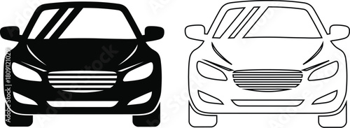 Two car front views, one solid black silhouette, the other an outlined version with a grey grill.