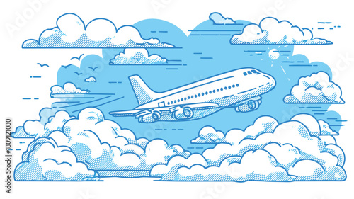 Aerial View of Plane Flying in Blue Sky with Fluffy Clouds - Vector Illustration