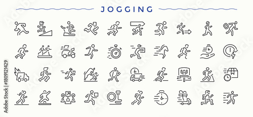 Jogging icon set. Outline symbol collection. Contains such symbols as lifestyle, athletic, man, competition. Art and illustration. Competition icon.