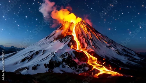 Night time volcanic eruption with molten lava flow cascading down snow covered peak under starry sky