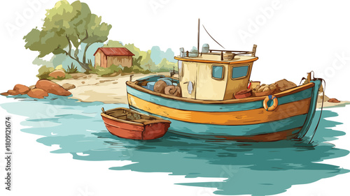 Boat with Boat on River Vector Outline Illustration for Adobe Stock
