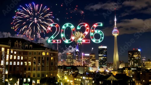 Night city skyline fireworks illuminate the sky with large neon 2026 numbers over the cityscape