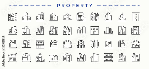 Set of Property line icon. Mortgage minimalist linear icons. Web icons pack. Mortgage related icon set. Vector illustration. Pixel perfect.