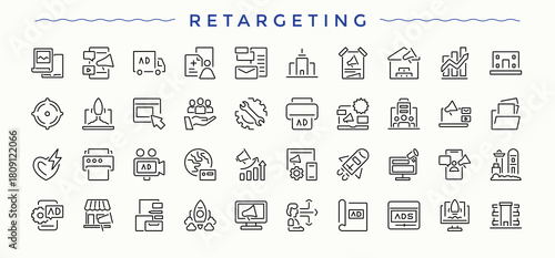 Retargeting modern icon set. Icons for application. Contain linear sign arrow, goal, achievement, success, achieve. Editable vector stroke. Strategy icon set.