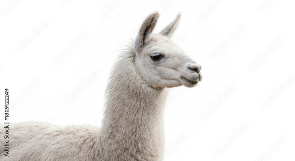 Fototapeta premium White llama portrait, side profile on a stark white background, neck curved
