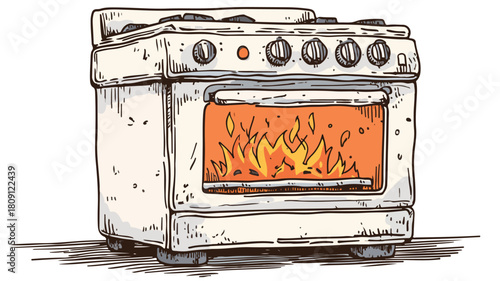 Cartoon Drawing of Stove with Flames in Oven - Vector Illustration