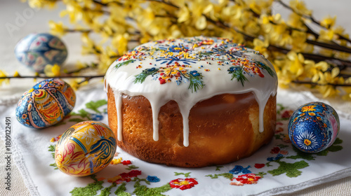 Babka wielkanocna z lukrem i kolorowymi pisankami – tradycyjny stół świąteczny

