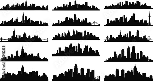 A collection of fifteen diverse city skyline silhouettes, showcasing various architectural styles and urban landscapes in a stark black and white contrast.