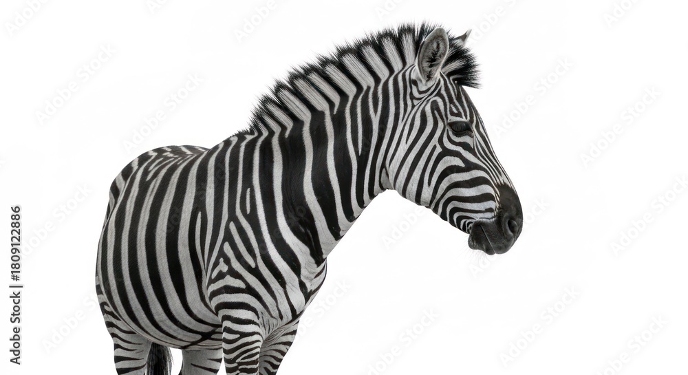 Naklejka premium Zebra portrait stark black & white stripes against a bright, clean backdrop