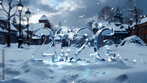 Outdoor winter street scene featuring an ice sculpture of the year 2016 gleaming in fresh snow