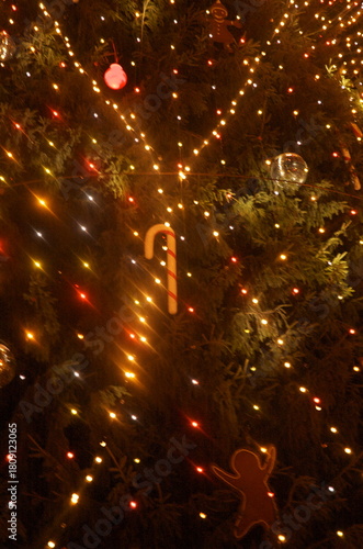 A softly blurred close-up of a Christmas tree decorated with warm lights, candy canes, and ornaments. The gentle glow and soft focus create a cozy, nostalgic holiday atmosphere.