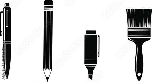 Four writing and drawing tools in black silhouette: a pen, a pencil, a marker, and a paint brush, all isolated on a white background.