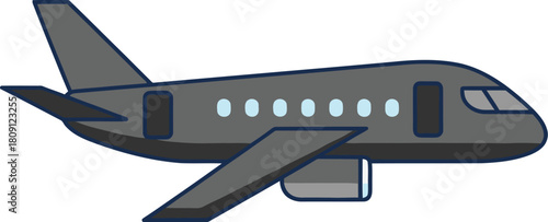 A gray cartoon airplane with blue trim and circular windows, shown in side profile.