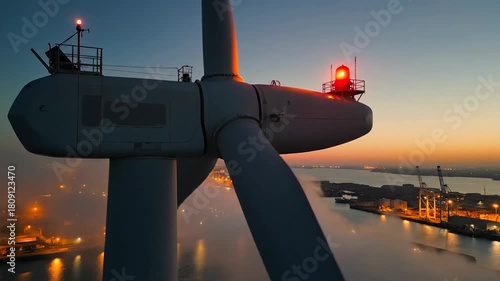 Wallpaper Mural Wind turbine generating power at sunset over industrial port. Torontodigital.ca