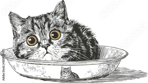 Cute Cat with Big Eyes Sitting on Saucer with Cat Picture