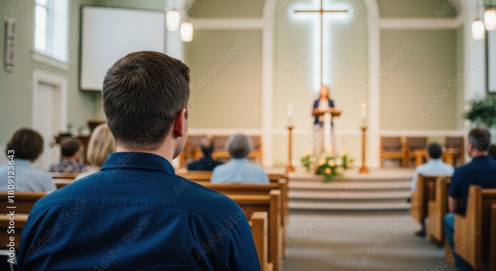 Obraz premium Attentive worshipper in a deep blue shirt participates in a solemn church service, listening to the sermon while seeking spiritual guidance and community connection