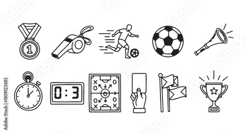 Soccer icon set vector line art illustration for sports design isolated on white background