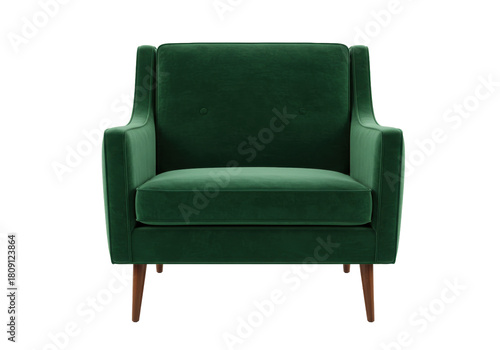 Isolated deep-green velvet armchair with wooden legs, vintage style furniture, stylish seat