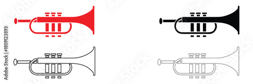 trumpet icon vector set, musical instrument art vector icon silhouette and line art