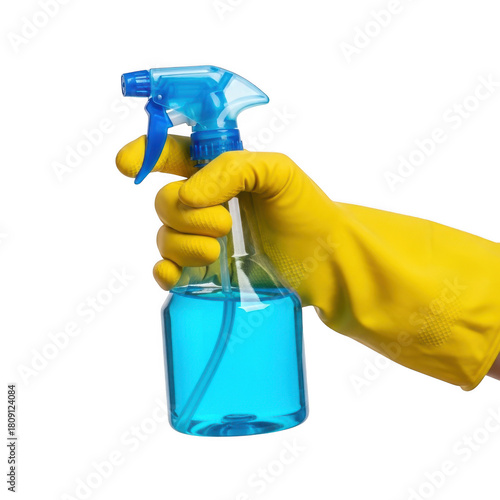Wallpaper Mural Hand wearing yellow glove holding blue liquid spray bottle ready for cleaning tasks transparent background Torontodigital.ca