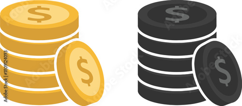 Illustration of two stacks of coins, one gold and one black, each with a dollar sign.