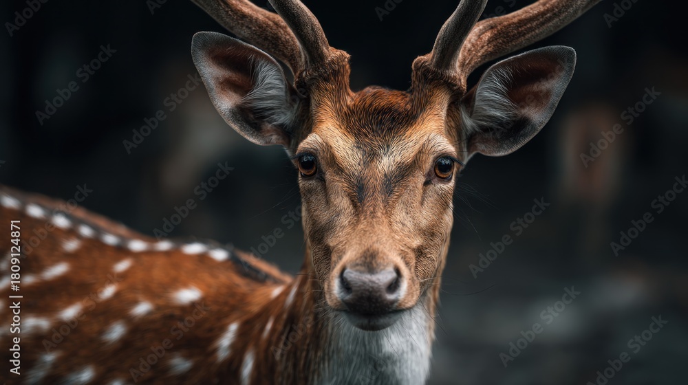 Naklejka premium Intimate portrait of a majestic spotted deer, revealing its soulful gaze